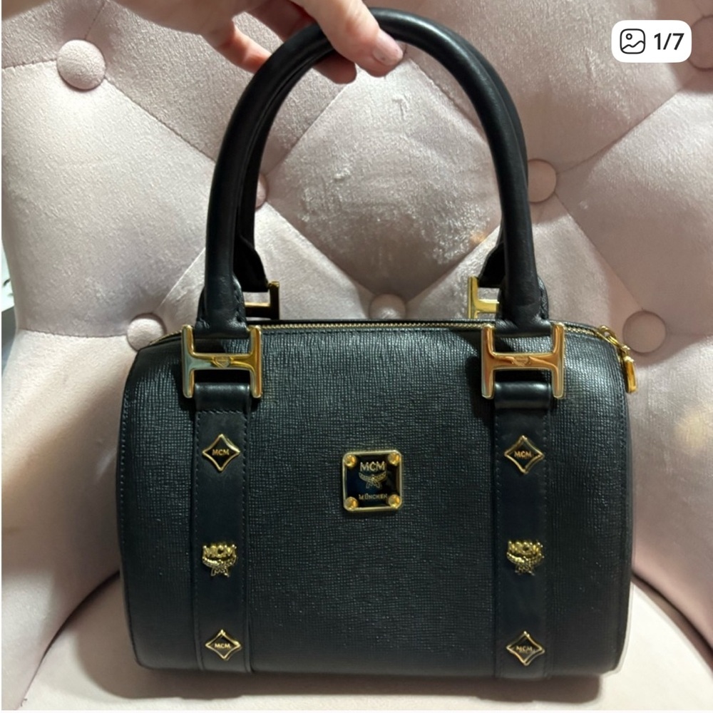 100% authentic MCM Black leather boston Satchel with Gold Accents